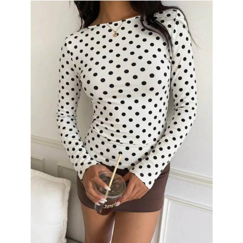 Women S White Polka Dot Long Sleeve T Shirt Elegant Casual Fashion