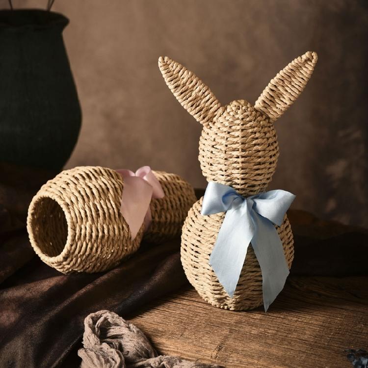 Artistic Woven Faux Rattan Easter Bunnies Figurine Decoration with Bowknot for Farmhouse Home Decors Festives Ornament
