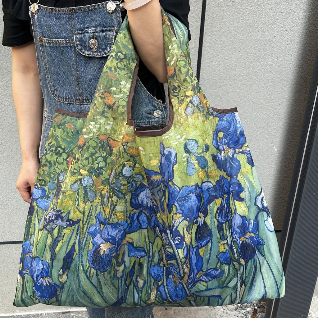 Chic Iris Flower Large Tote Bag Foldaway Convenience Nylon Shopping Bag With Shoulder Strap Lightweight Machine Washable