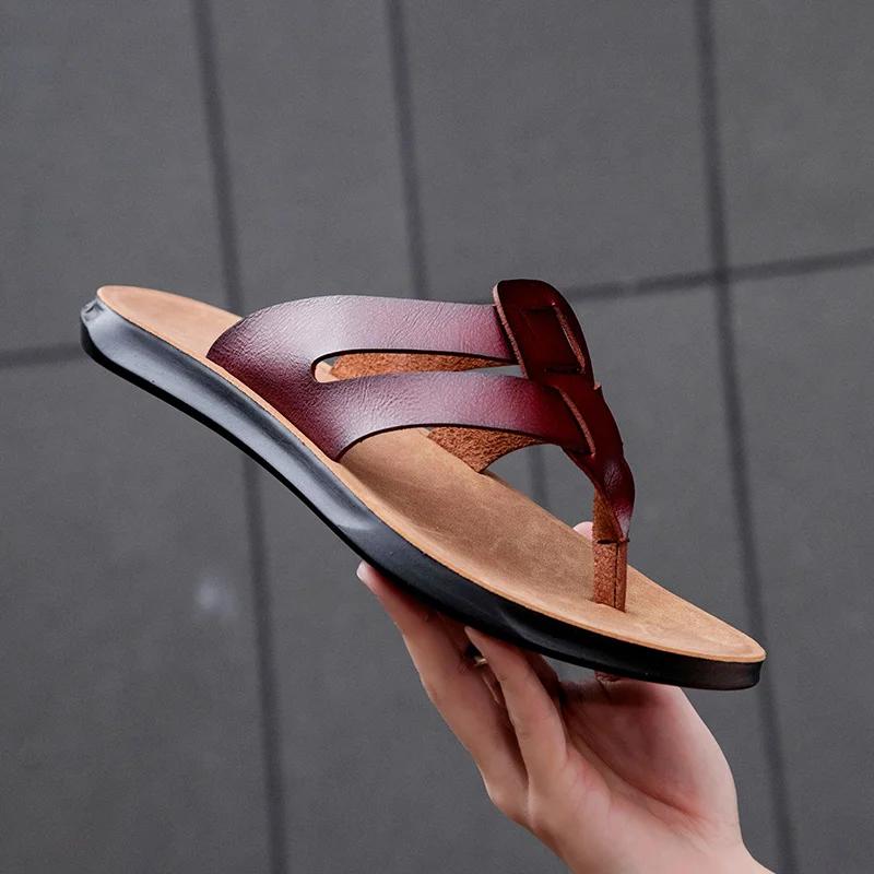 Fashion New Arrival Man's Leather Sandals Stylish Beach Slippers Quick Dry Wading Aqua Shoes Handmade Summer Flip-flops Male Half Drag