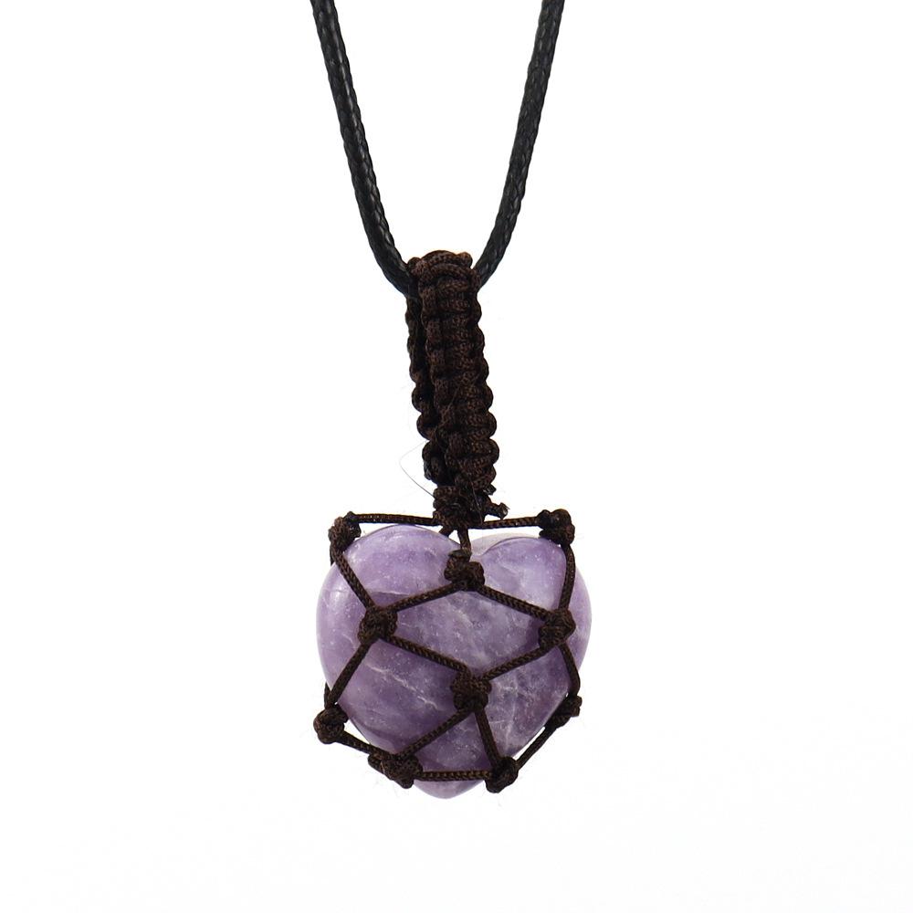 Natural Crystal Tiger Stone Agate Heart-Shaped Love Hand-Woven Mesh Pocket Pendant Necklace N704