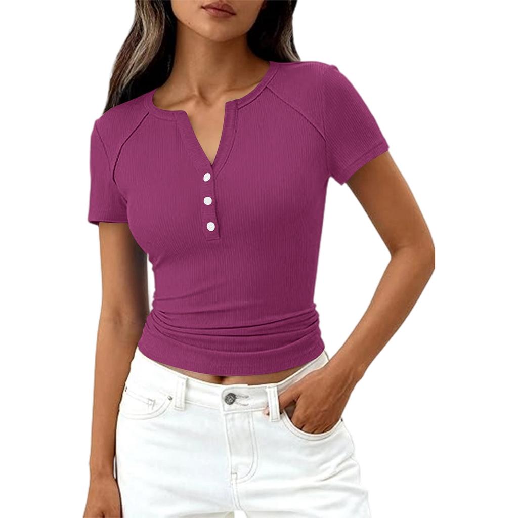 Dámské módní ležérní barevné nové tričko s krátkým rukávem, ozdobným knoflíkem a výstřihem do V