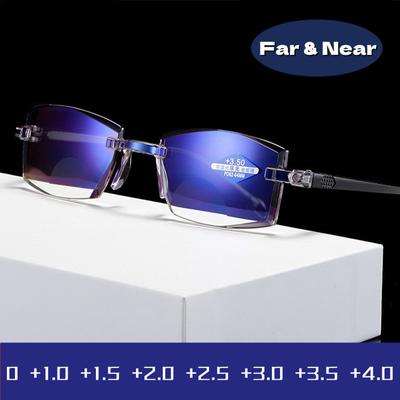 Far Bifocal Reading Glasses Anti -Blue Light Diamond -Cut Men Multifocal Eyewear Rimless Eyeglasses Diopter 0 +1 +1 .5 +4 .0