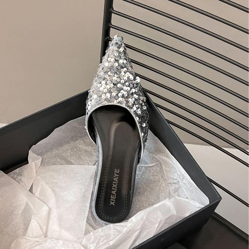 Baotou Slippers Women's 2025 Spring and Summer New Outer Wear Sandals Pointed Sequins Flat-bottomed Lazy Half Slippers