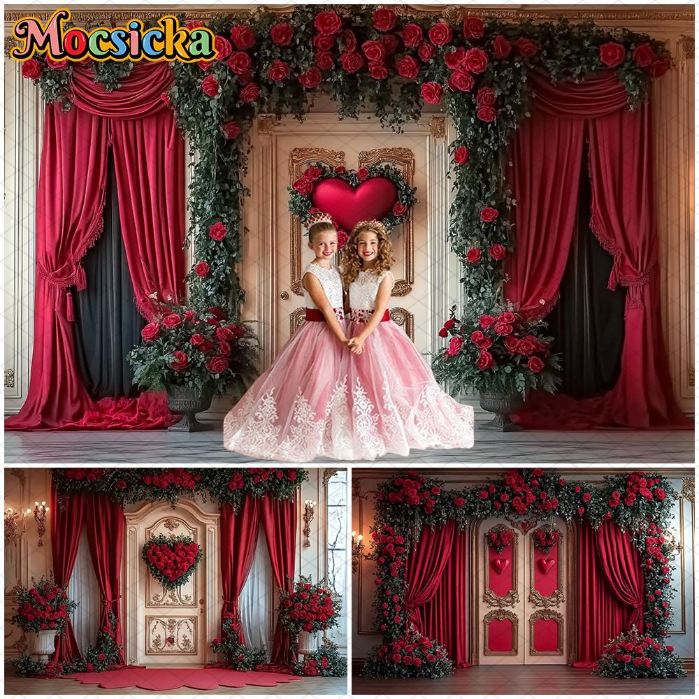 Mocsicka Valentine's Day Photography Background Red Rose Curtain Love Flower Decoration Girl Women Photo Backdrop Wedding Banner