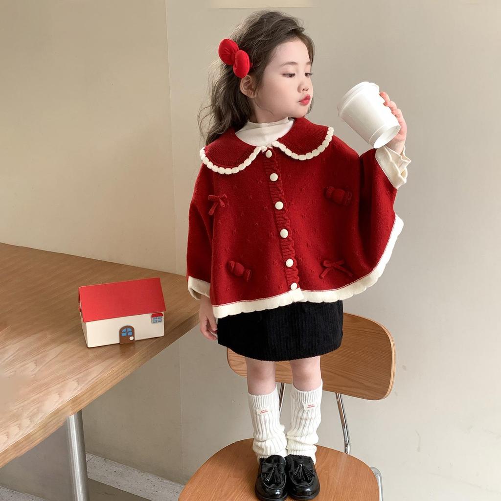 2025 Fashionable Red Knitted Girls' Cardigan – Autumn Spring Outerwear for Baby and Little Girls