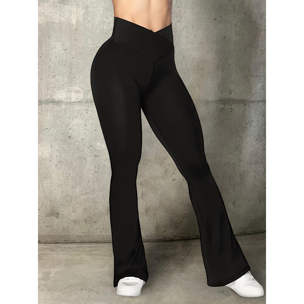 Women s Seamless Yoga Pants Cross V Ribbed Belt Invisible Pleated Fitness Flared Pants S чёрный