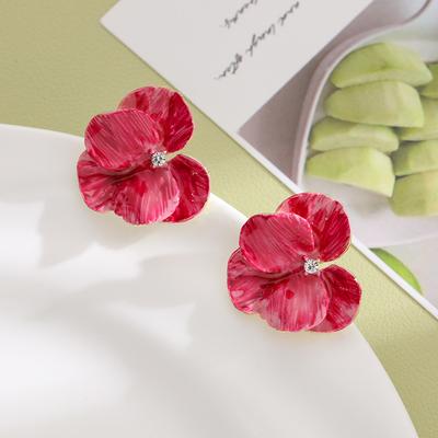 Sweet Red Blue Enamel Flower Stud Earrings For Women Korean Fashion Five Petals Crystal Flowered Lovely Cute Girls Ear Decoration Jewelry