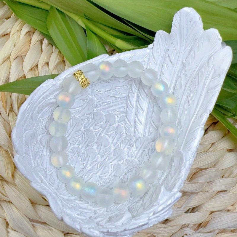 Elegant White Moonstone Glass Bracelet - Handcrafted Synthetic Beads, Vintage Boho Style, Shimmering Jewelry for Men and Women