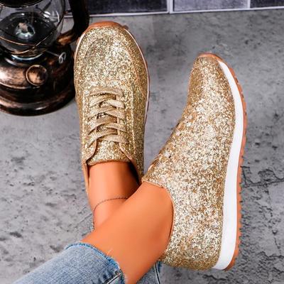 Fashion 2024 New Large Flat Casual Sports Shoes for Women In European and American Sequin Lace Up Fashionable Flat Shoes