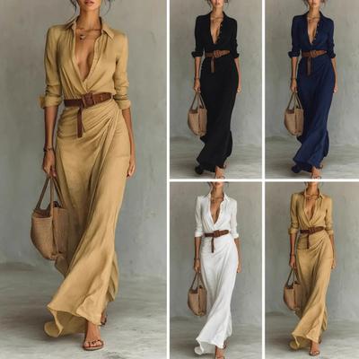 Summer Shirt Dress for Women Long Sleeve V Neck Button Down Belted Long Dress Boho Ruched Beach Vacation Outfits