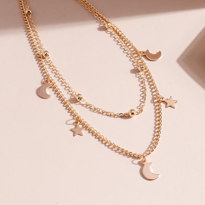 Einfache Doppelschicht-Choker-Halskette für Damen, modisch, kurze Anhänger, Mond, Stern, Schlüsselbein-Halskette, französischer Alltagsschmuck