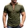 Men's Vintage V-Neck Shirt with Button Placket Short Sleeve Casual Summer Top