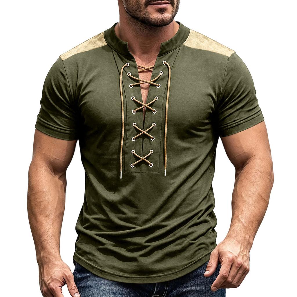 Men's Vintage V-Neck Shirt with Button Placket Short Sleeve Casual Summer Top