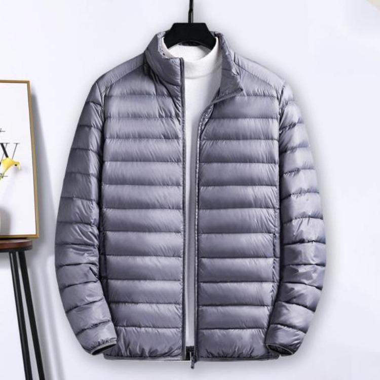 Lightweight Quilted Down Cotton Jacket for Men Stand Collar Long Sleeve Zipper Closure with Side Pockets