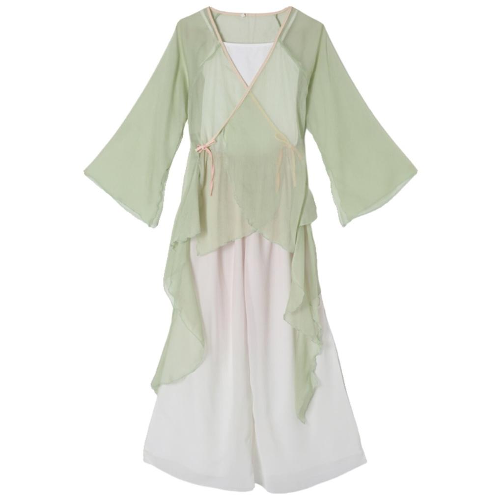 Women's Chinese Style Dancewear Set, Sheer Chiffon Flowy Top & Wide Leg Pants, Elegant Classical Performance Outfit