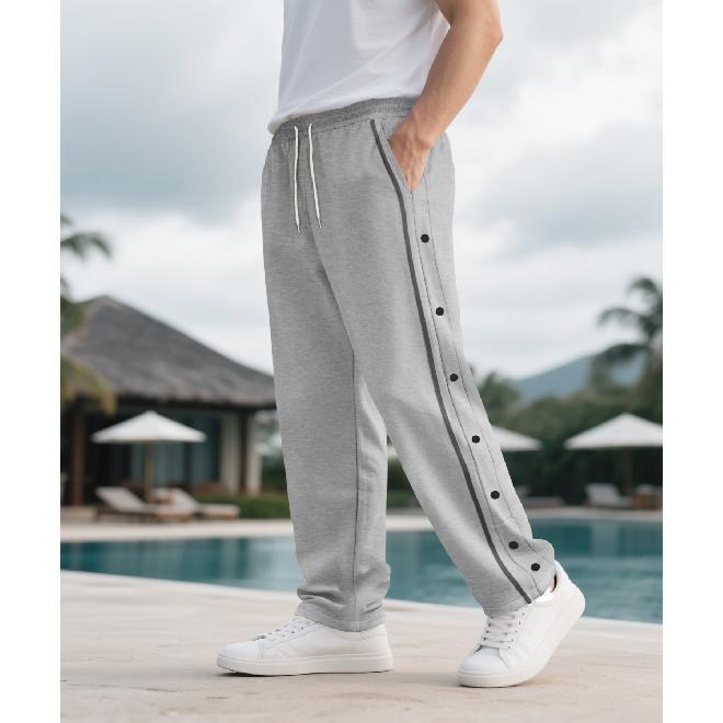 Men s New Elastic Waist Loose Casual Sports Straight Pants with Side Buttons S серый