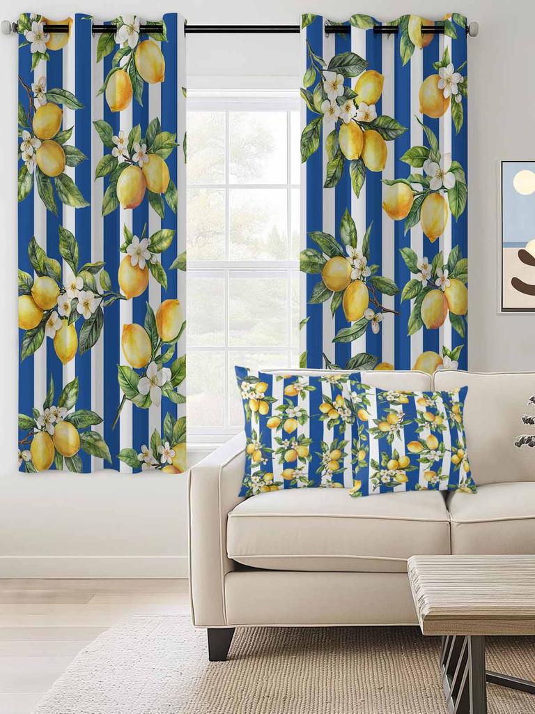 Classic Summer Blue Striped Lemon Plant Window Curtain Bedroom Decor Curtain Panel Curtains for Living Room