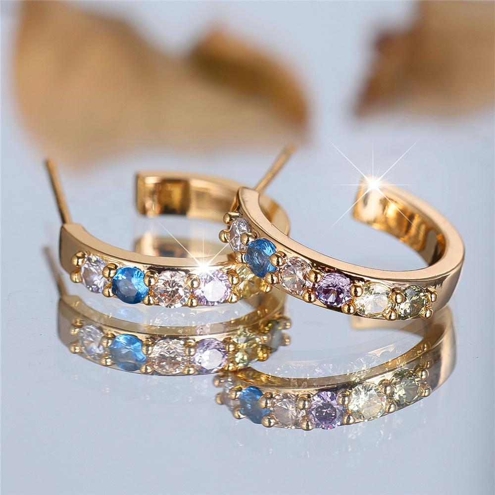 Cute Female Small Rainbow Round Zircon Stone Wedding Jewelry Vintage Gold Color Stud Earrings For Women