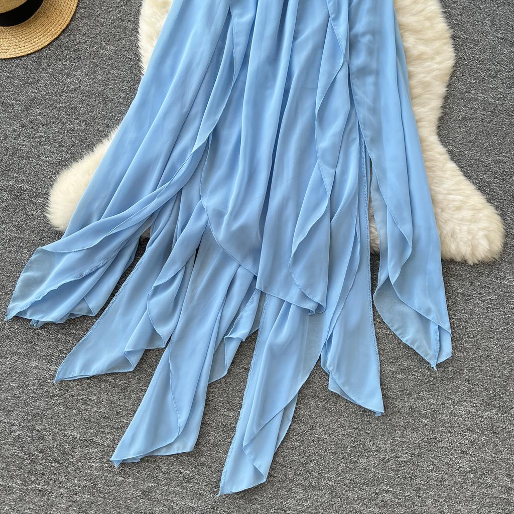 Summer Women Sexy Strapless Open Back Chiffon Irregularly Seaside Beach Ankle Length Dresses