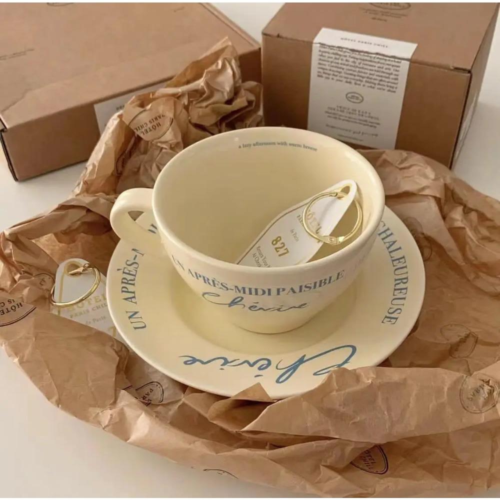 Korean Instagram's Same Retro French Cream Colored Coffee Cup and Plate Breakfast Cup Ceramic Dining Plate 350ml