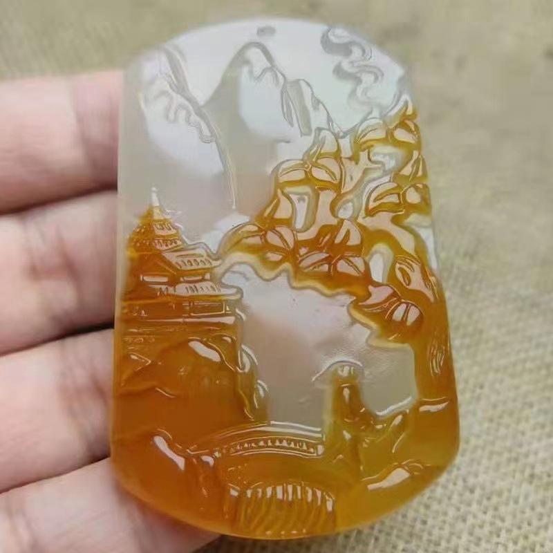 

Pendant Carved White Pretty Yellow Leather Pixiu Dalong Brand Landscape Necklace 50CM