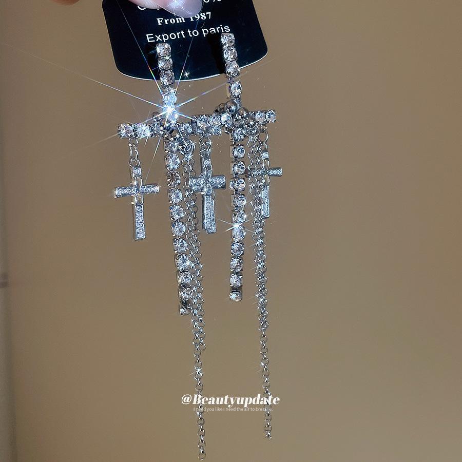 Silver Needle Diamond Cross Tassel Earrings: Chic & Elegant Long Statement Ear Pieces for Women