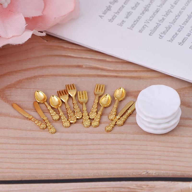 12Pcs/Set Vintage Dollhouse Miniatures Tableware Ceramic Plate Knife Fork Spoon