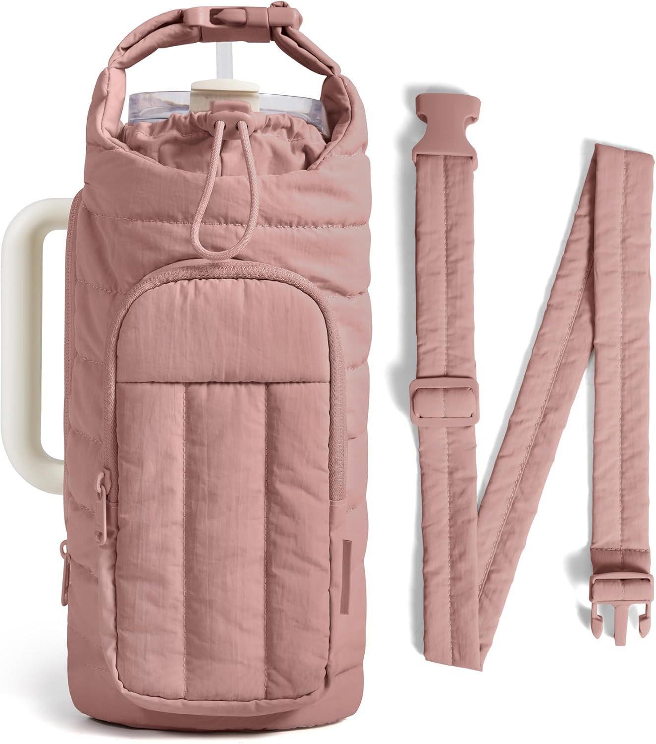 Water cup cover, quilted thermos cup cover, twill water bottle, shoulder bag, water cup bag, crossbody kettle. темно-розовый