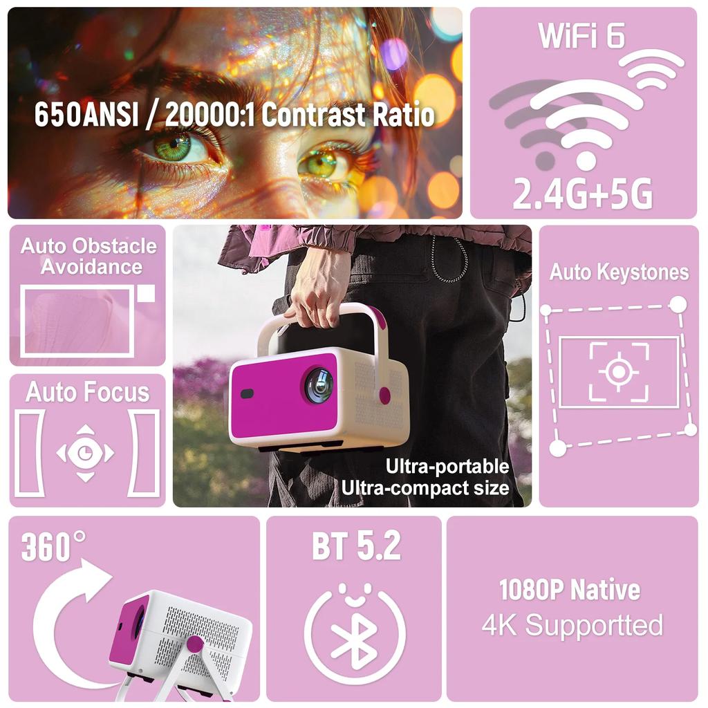 Velec 4K HD Projector 650 ANSI 1080P Auto Focus Android 11 H713 Wifi6 BT5.2 Portable Outdoor Video Smart Home Theater Projectors