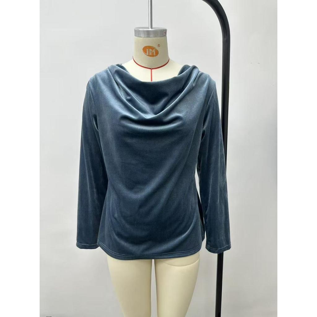 Women's Solid Color Velvet Long Sleeve T-shirt, Sexy Cowl Neck Casual Top