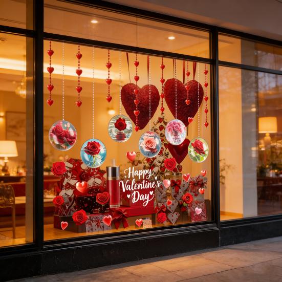 Valentine's Day Window Clings Rose Flower Heart Static PVC Window Glass Decals Reusable Double-Sided Static Stickers for Wedding Anniversary Home