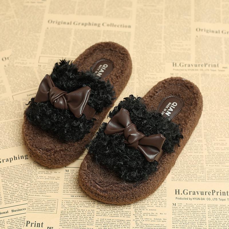 Korean Version Thick-bottomed Bag Head Bow Fluffy Slippers Women's Outer Wear 2025 New Autumn and Winter Velvet Warm Cotton Slippers