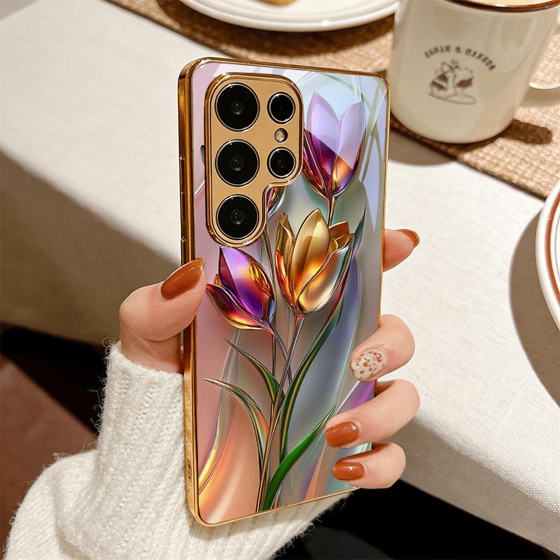 Glossy Metallic Flower Electroplated Golden Phone Case For Samsung S22 Ultra S21 S20 FE S23Plus S24 S25 S26 Note 20 Glass Cover