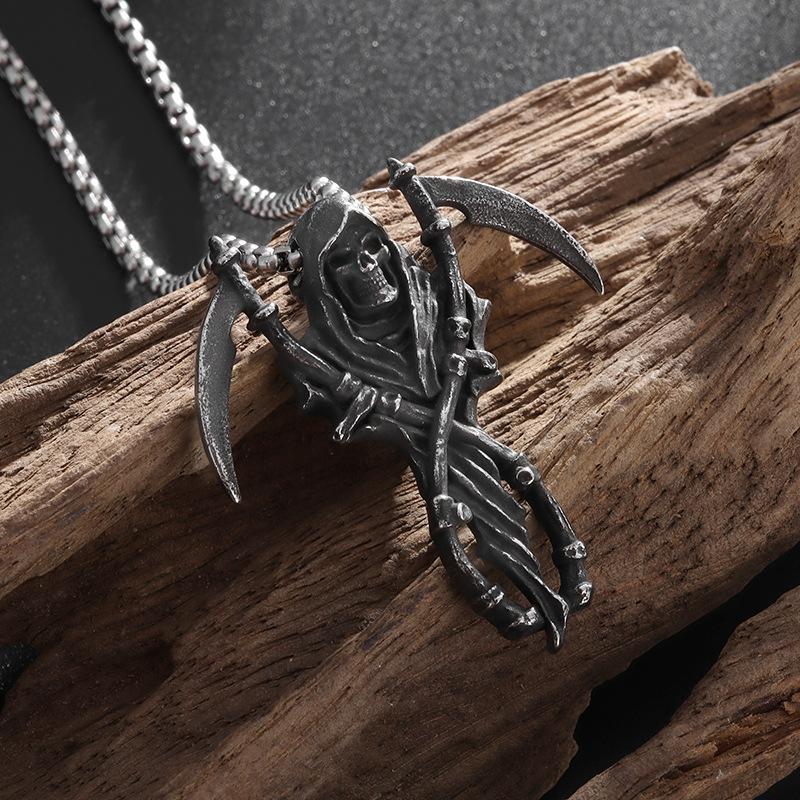 Halloween Ornaments Skull Death Scythe Style Cool Boys Pendant Necklace 60CM(Necklace Long)