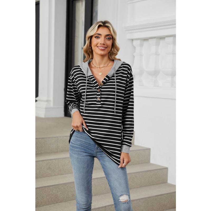 Autumn Women's Striped Clashing Colour Splicing Hooded Long Sleeve Loose Sweatshirt