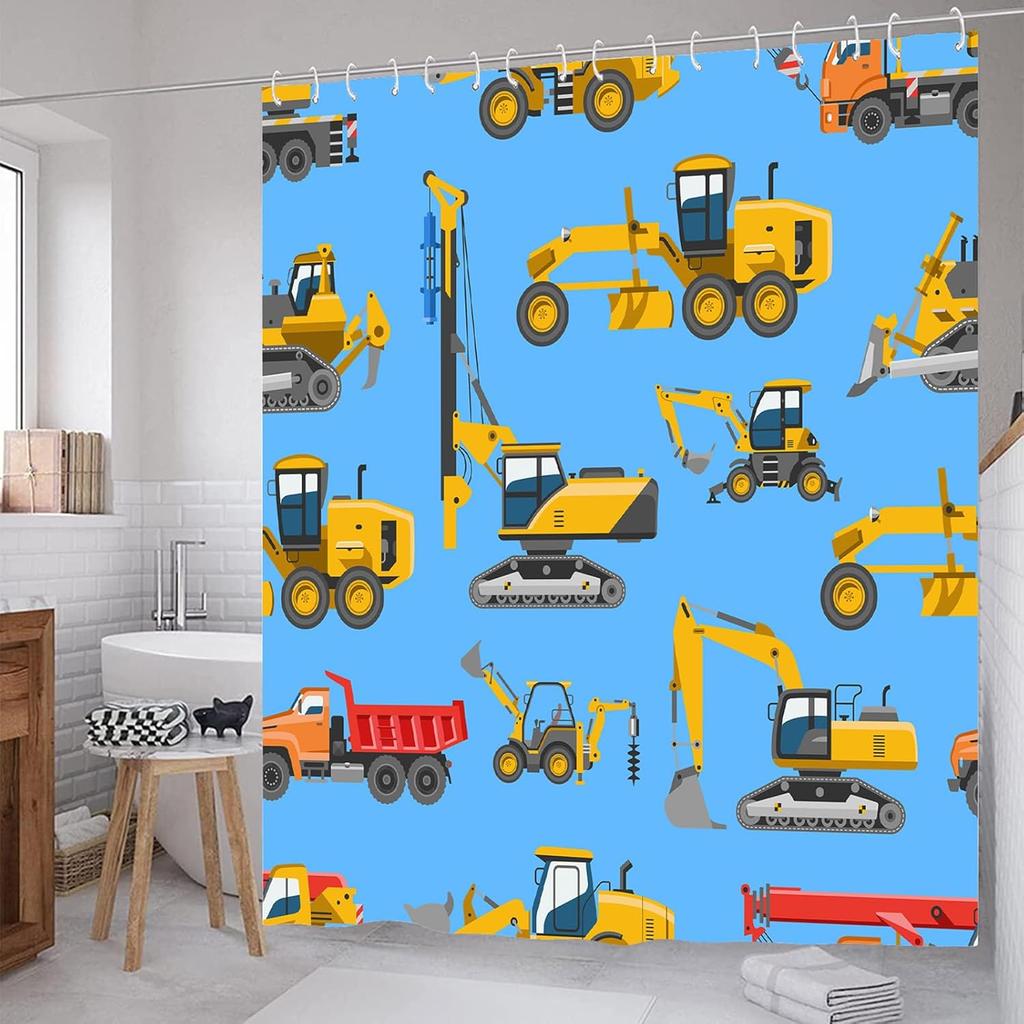 Kids Construction Truck Shower Curtain with Excavator Tractor Cars Pattern, Waterproof Polyester Fabric for Boys Bathroom Decor