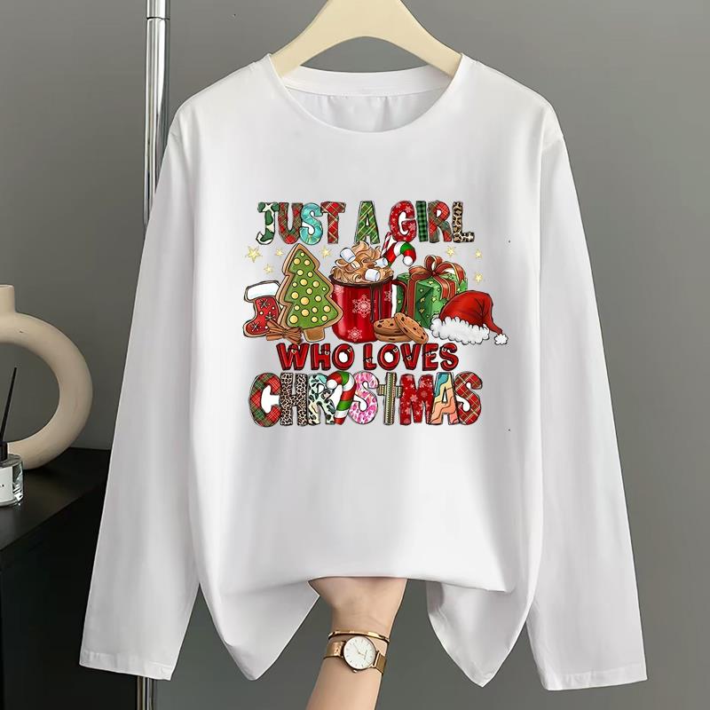 (Asian Size) Lovely Letter Merry Christmas New Year Graphic Tee Women Casual Fashion Top O-neck Clothing Print T Shirt Long Sleeve T-shirts