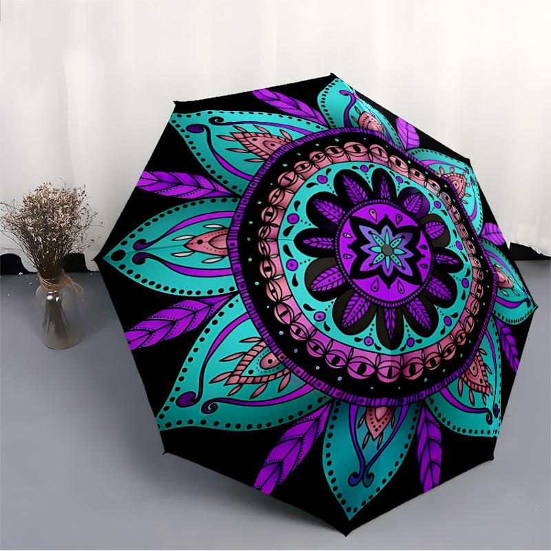 1pc Mandala Pattern Automatic Folding Umbrella - 8-Rib Durable Iron Frame, Compact Portable for Daily Travel yy251205082