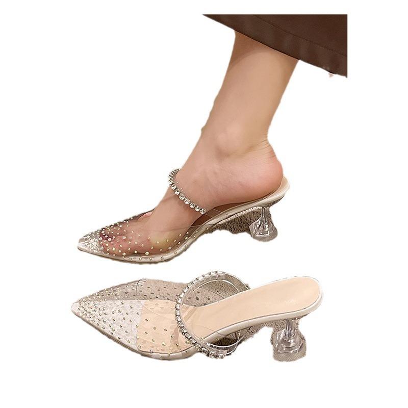 Europäische und amerikanische einfarbige Übergröße 42 Strass spitze Zehenpartie High Heel Taschenkopf Halbschuhe Damenschuhe 2024 Sommer neue Hausschuhe Damen