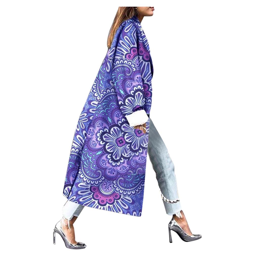 Fashionable Women's Printed Pocket Double Breasted Coat Cardigan Coat