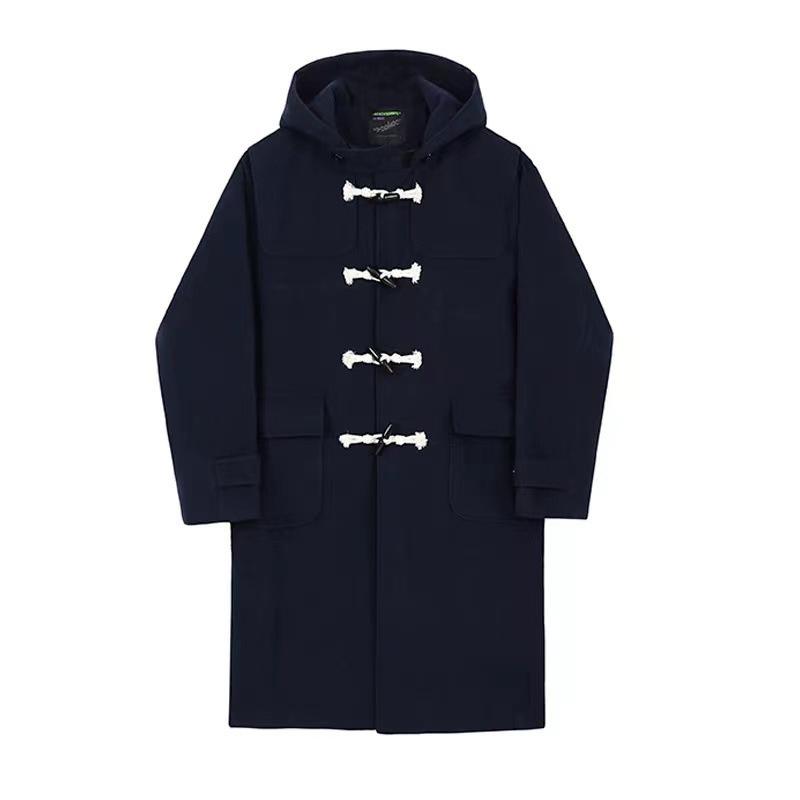 Men's College Style Horn Buckle Hooded Wool Coat, Cotton Padded, Thickened, Mid-Length, Over-the-Knee, Trendy for Autumn and Winter.
