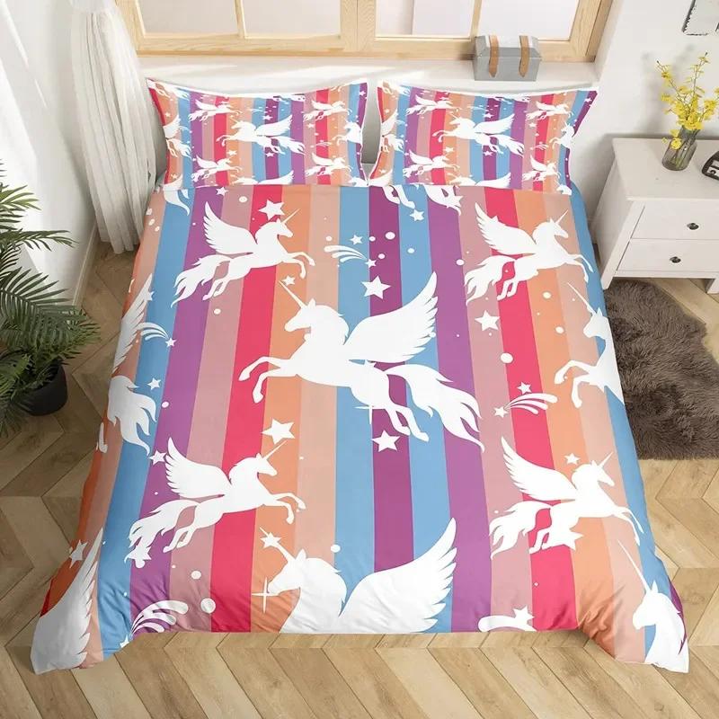 Bettdecke Weißes Einhorn Twin Size Süßes Fliegendes Pferd Bettwäsche-Set Für Teenager Kind Mädchen Mikrofaser Wildtier Bettdecke