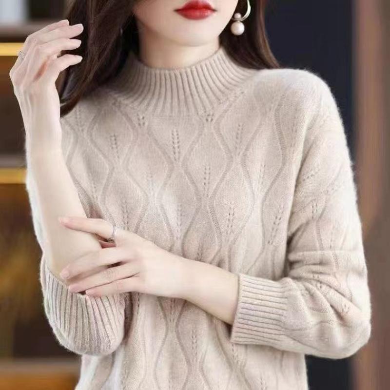 Solid Color Pullover Long Sleeve Sweater Knitted Elegant Screw Thread Women's Clothing Autumn Winter Half High Collar Tops