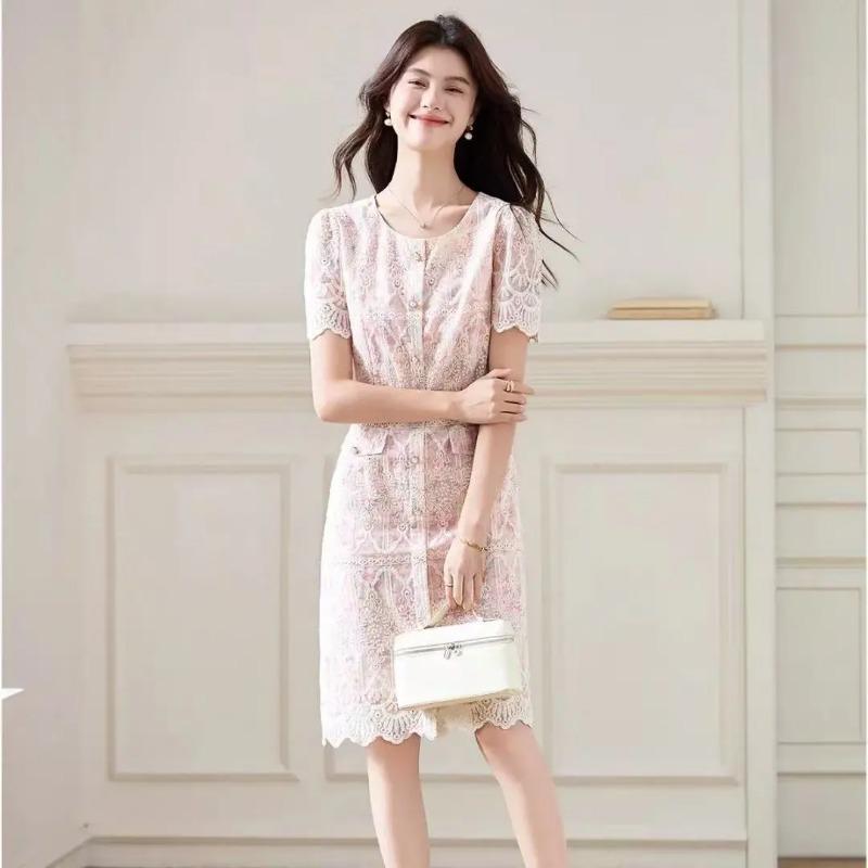 Women s French Style Pink Floral Lace Crew Neck Midi Dress M розовый