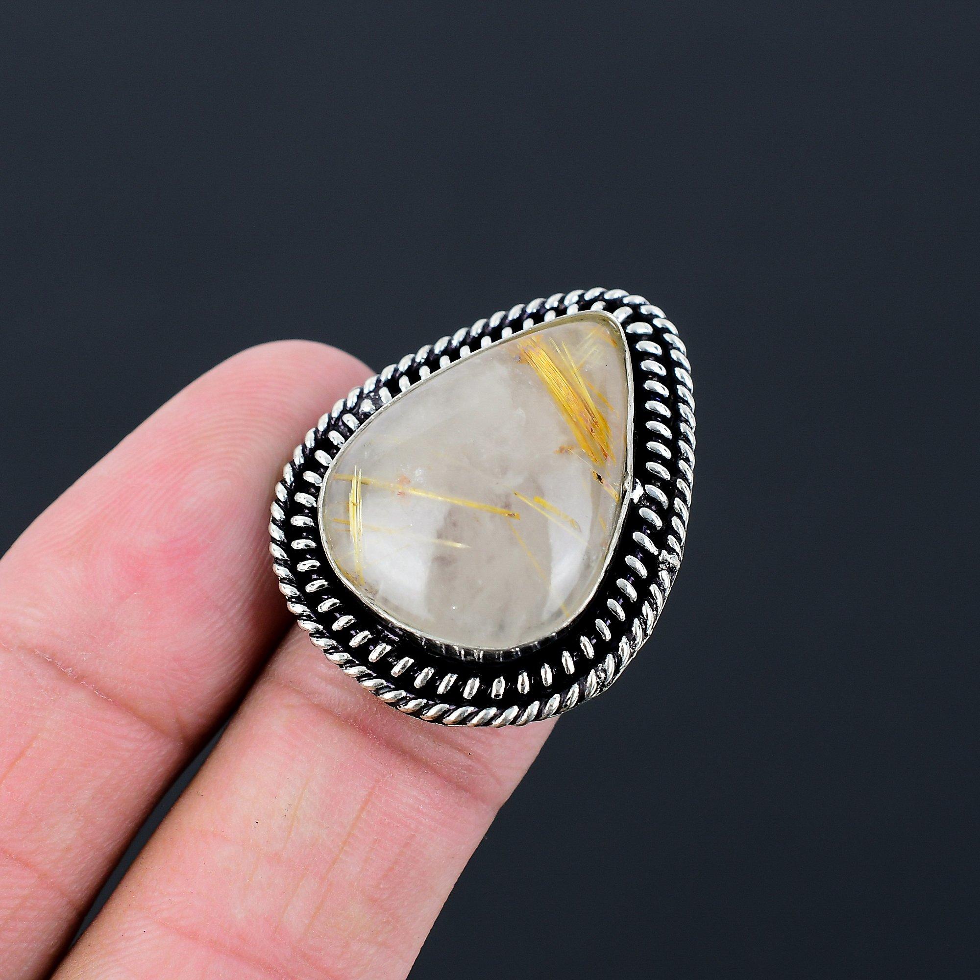 Pear Natural Golden Rutile 925 Sterling Silver Stackable Engagement Ring US 6.5 6.5