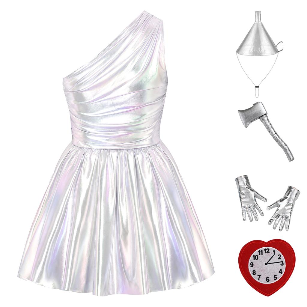 Women Tin Costume One Shoulder Sleeveless Ruched Tulle Lining Metallic Belted Dress with Hat Axe Gloves Heart Clock Brooch for Halloween Cosplay