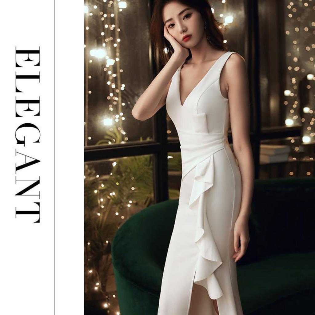 Village Long Maxi Evening Mermaid Slim Perfect for and Size 1140 H&T Women's Dress, Dress, Sleeveless, Fit, Ruffles, Slit, Elegant, Stylish, Slimming,