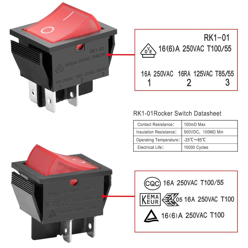 Heschen Rocker Switch ON-Off DPST 4 Terminals Red Light 16A 250VAC with Waterproof Cover