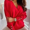 Women's V Neck Long Sleeve Loose Fit Knit Top Casual Solid Color Pullover Sweater